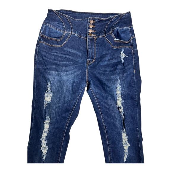 Wax Jeans 13 / 31 Womens Skinny Denim Y2K Blue Distressed Factory Faded - Picture 2 of 5